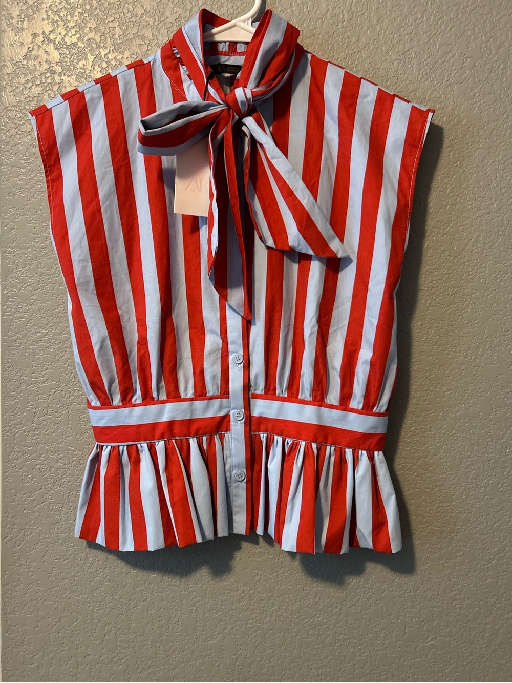 Zara Red and Light Blue Striped Tie-Neck Sleeveless Blouse